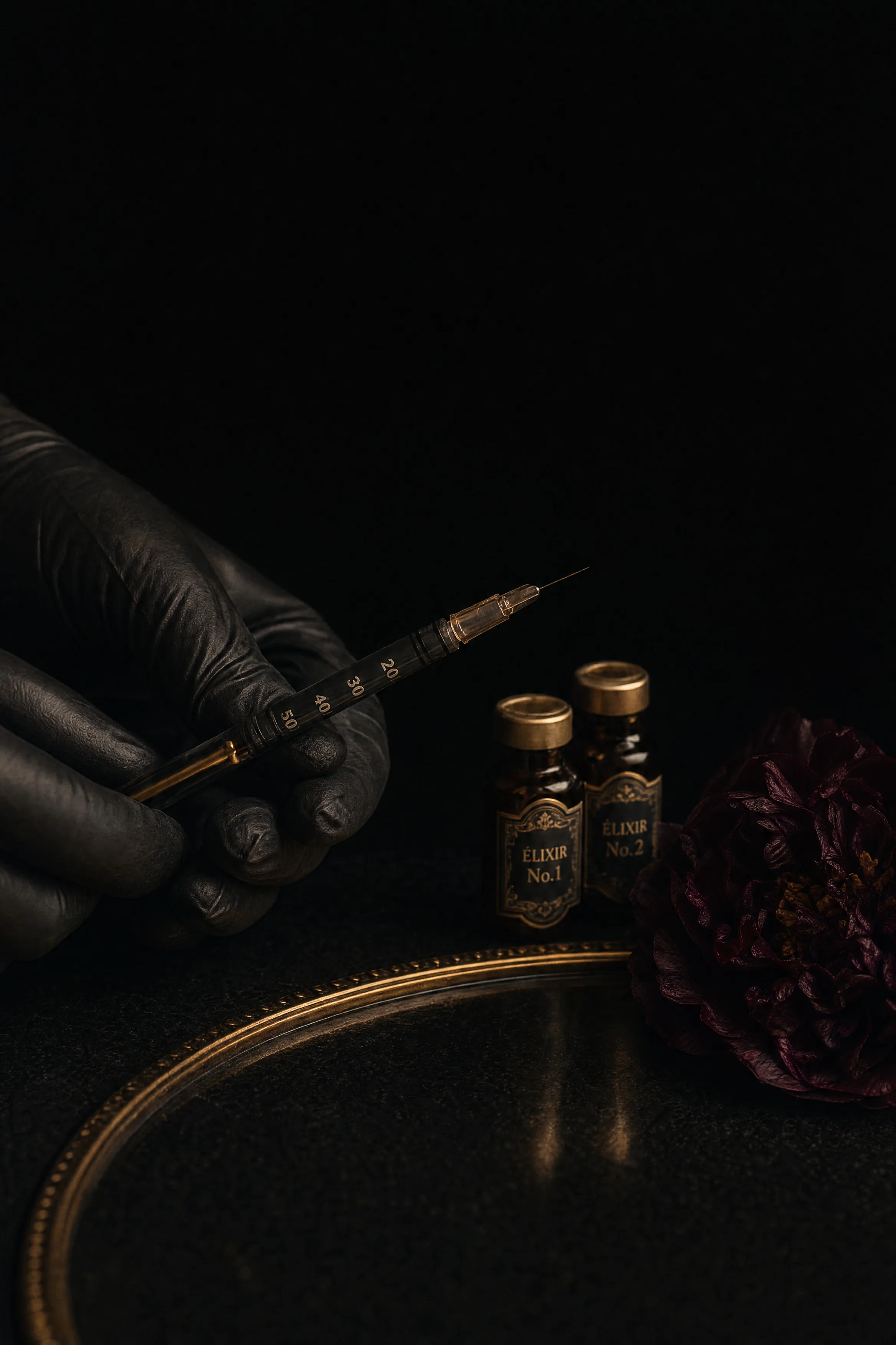 Black-gloved hands holding a fine-gauge syringe on black stone, beside two amber apothecary vials with gold caps and a dark burgundy peony.