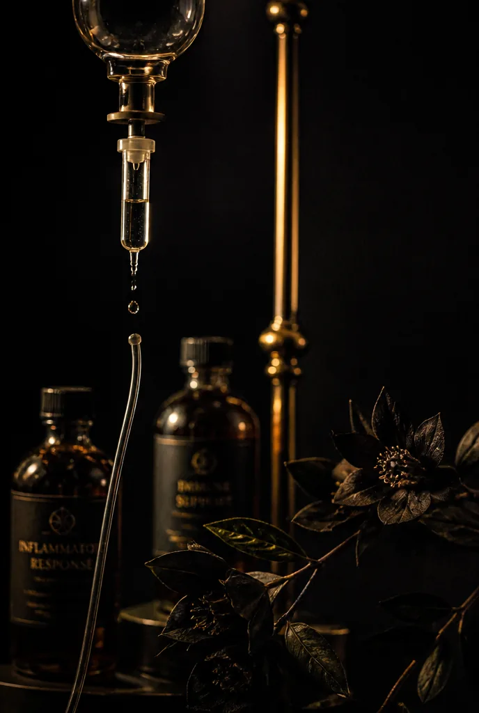 An IV drip chamber and line against black velvet, a single droplet caught mid-fall, with amber glass bottles and a gold stand behind.