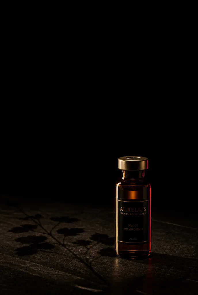 A single amber glass vial with an antique gold cap standing alone on black stone, lit by one warm highlight, with a botanical shadow falling behind it.