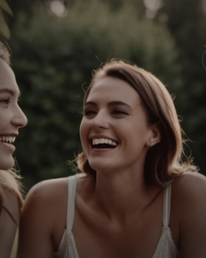 Three women sitting together outdoors in warm light, turned toward one another and laughing.