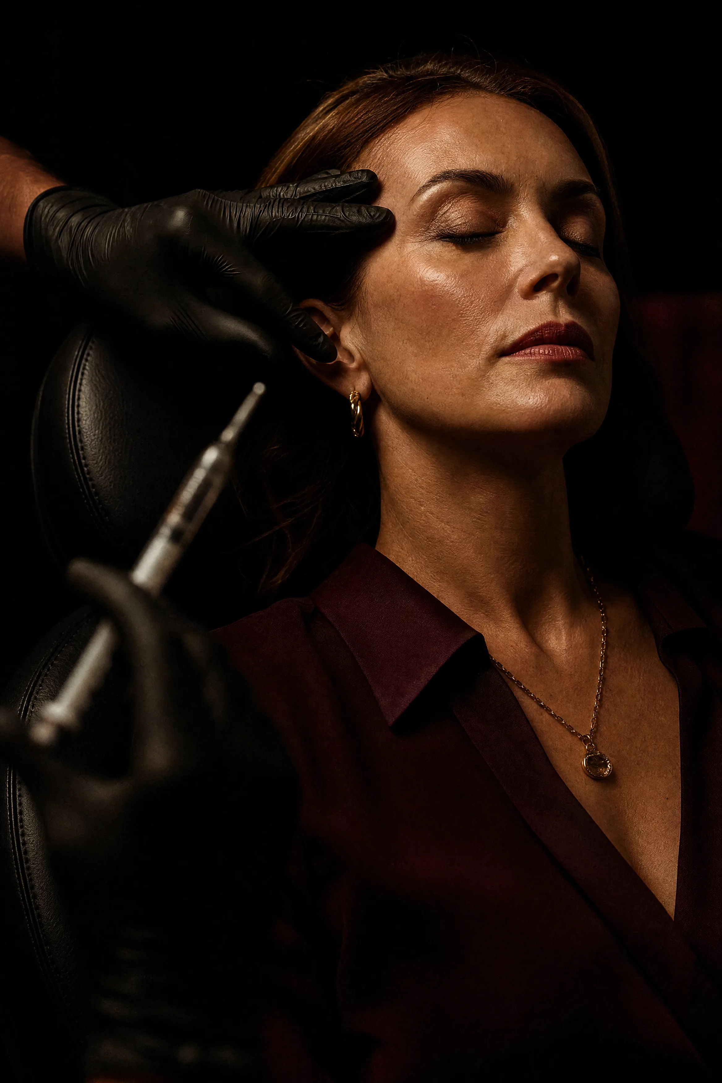 A woman reclines in a black treatment chair with her eyes closed, a gloved hand resting at her temple and a syringe held out of focus in the foreground.