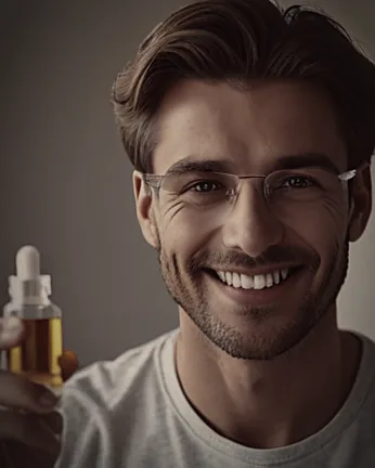 A smiling man in glasses at home, holding a small dropper bottle of amber liquid up beside his face.