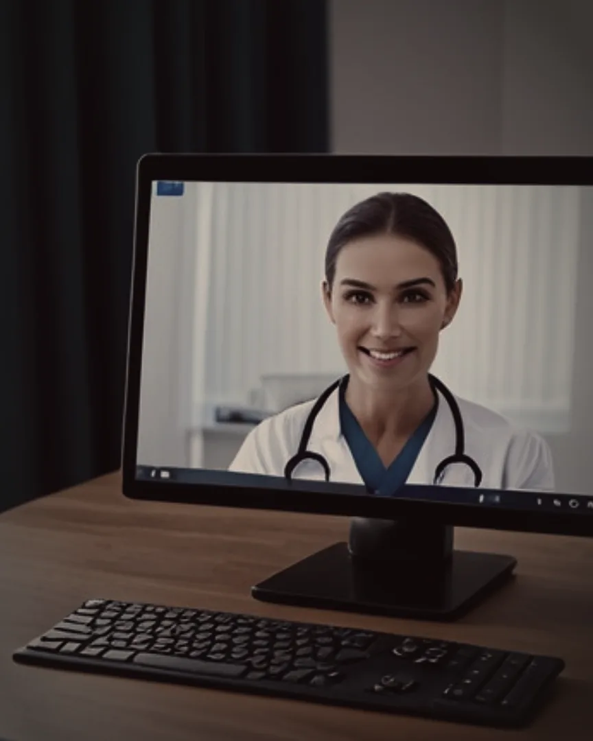A person sits at a desk at home facing a monitor, where a clinician in a white coat is mid video call.
