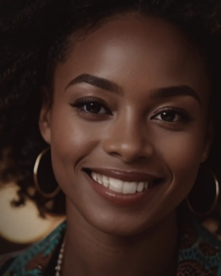 A close portrait of a smiling woman in hoop earrings against a warm background of out-of-focus lights.