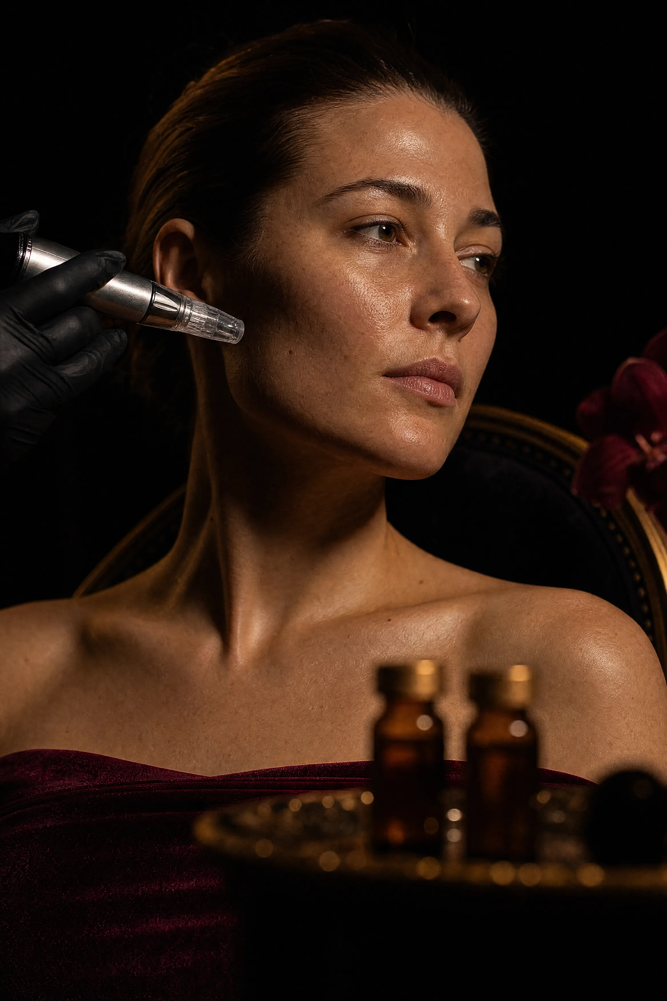 A woman seated against black velvet with bare, freshly cleansed skin, a gloved hand holding a microneedling pen near her cheek.