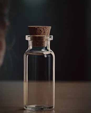 A small corked glass vial standing on a wooden bench in warm light, a woman's face soft and out of focus behind it.