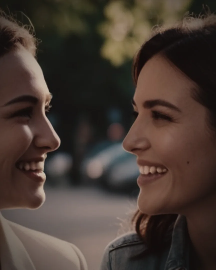 Two women in profile outdoors, facing each other mid-conversation and laughing in warm low light.