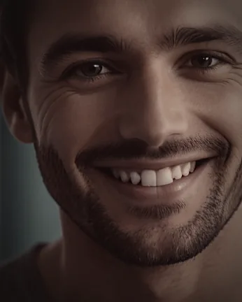 A close portrait of a smiling bearded man holding a small clear medication bottle between finger and thumb.