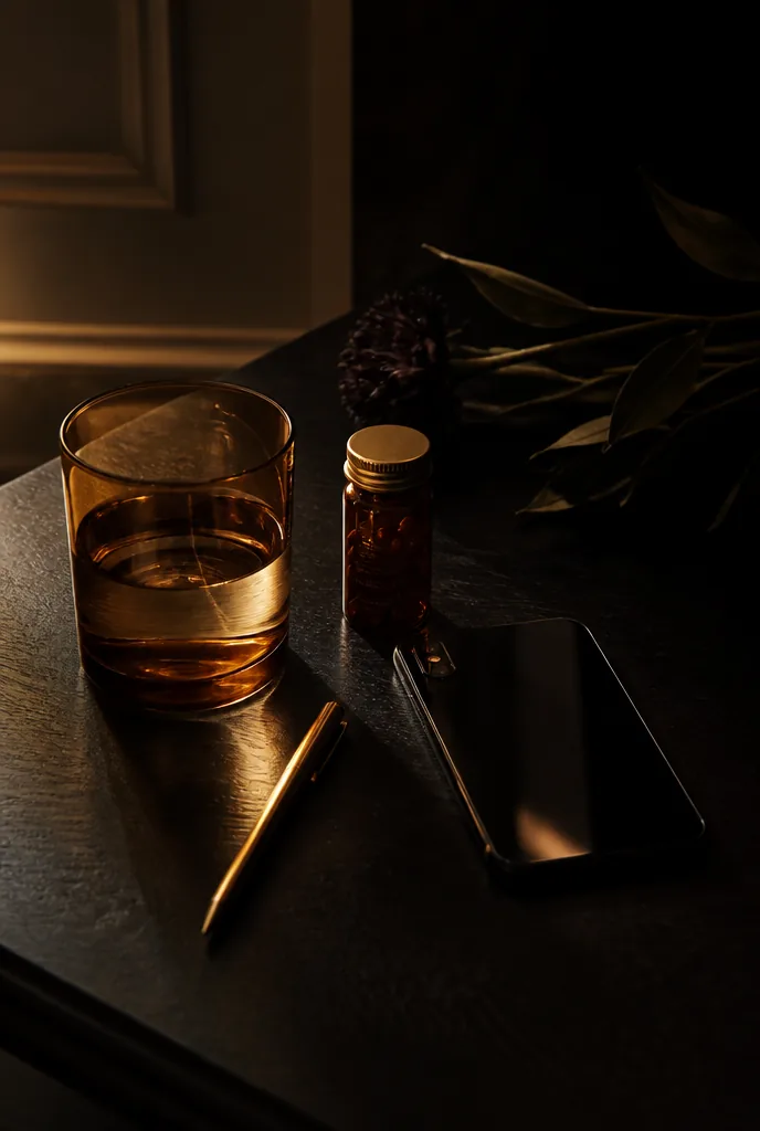 A black desk at dusk: an amber glass of water, a slim gold pen, a small amber prescription bottle and a phone lying face down, raked by low window light.